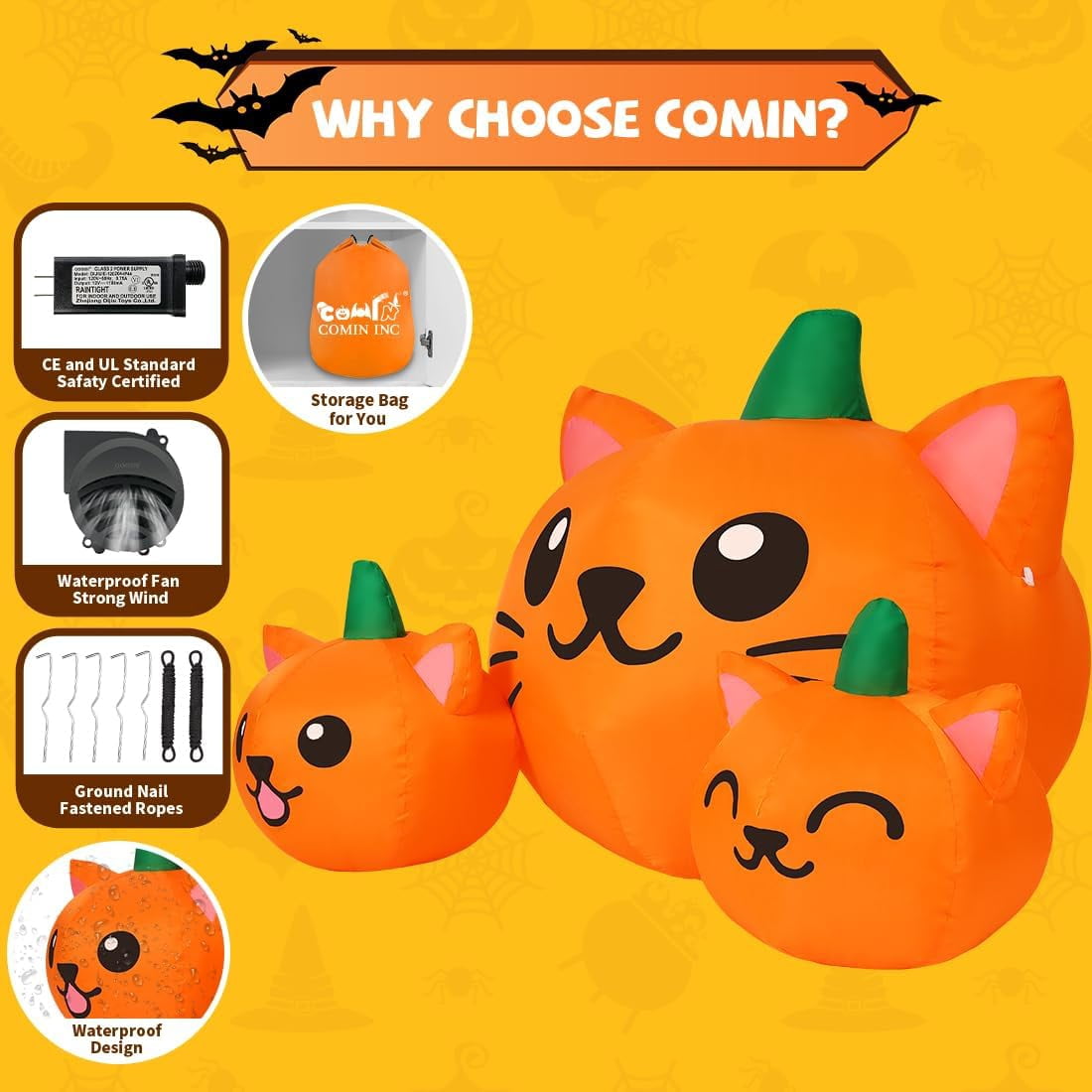 Haunt & Co COMIN Halloween Inflatable 5 FT Long Three Pumpkin Cat Head Combo with Built-in LEDs, Blow Up Yard Decoration for Holiday Party Indoor, Outdoor, Yard, Garden, Lawn