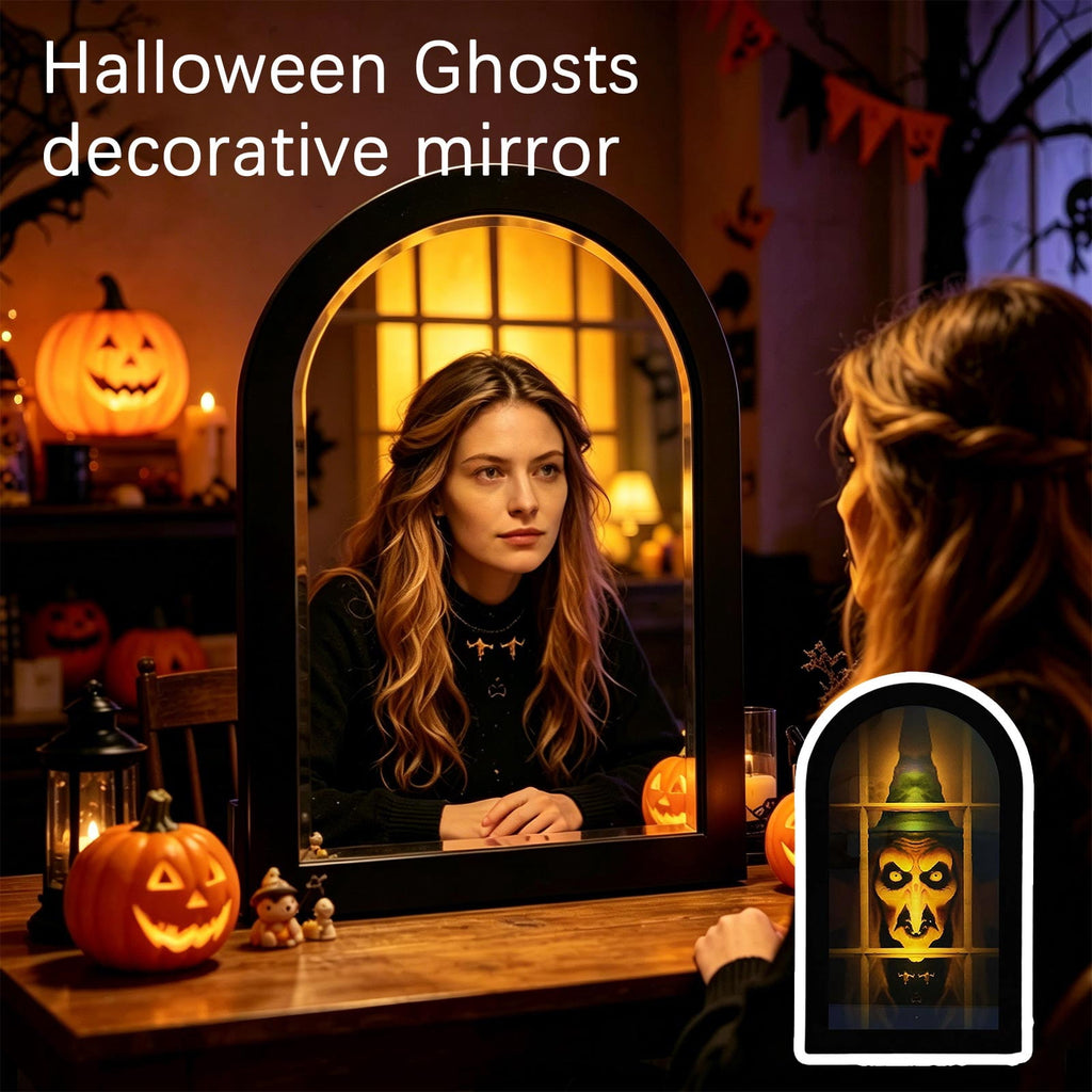Haunt & Co Holographic Halloween Witch Mirror Decorative Metal Ornament for Holiday Ambience and Unique Festival Display