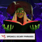 Haunt & Co 5.5 ft Poseable Witch with Spell Book, Lights and Sound, Indoor/Covered Outdoor