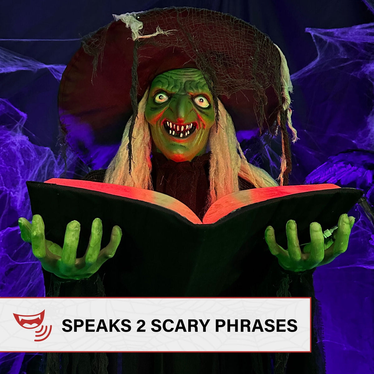 Haunt & Co 5.5 ft Poseable Witch with Spell Book, Lights and Sound, Indoor/Covered Outdoor