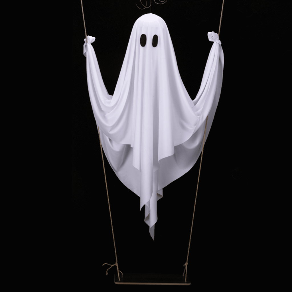 Haunt & Co LED Light Up White Cloth Ghost Swing Tree Hanging Decor, Spooky Flying Ghost On Wooden Swing Outdoor Yard Porch Ornament, Halloween Haunted House Party Tree Hanging Seasonal Atmosphere Decor Gift