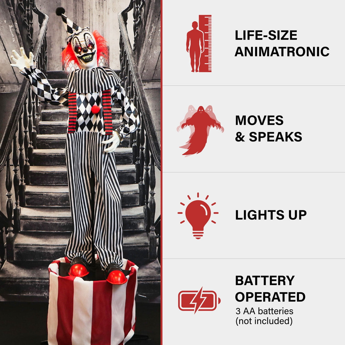 Haunt & Co 6 ft Animatronic Talking Clown on a Stage with Movement and Light-Up Eyes for Scary