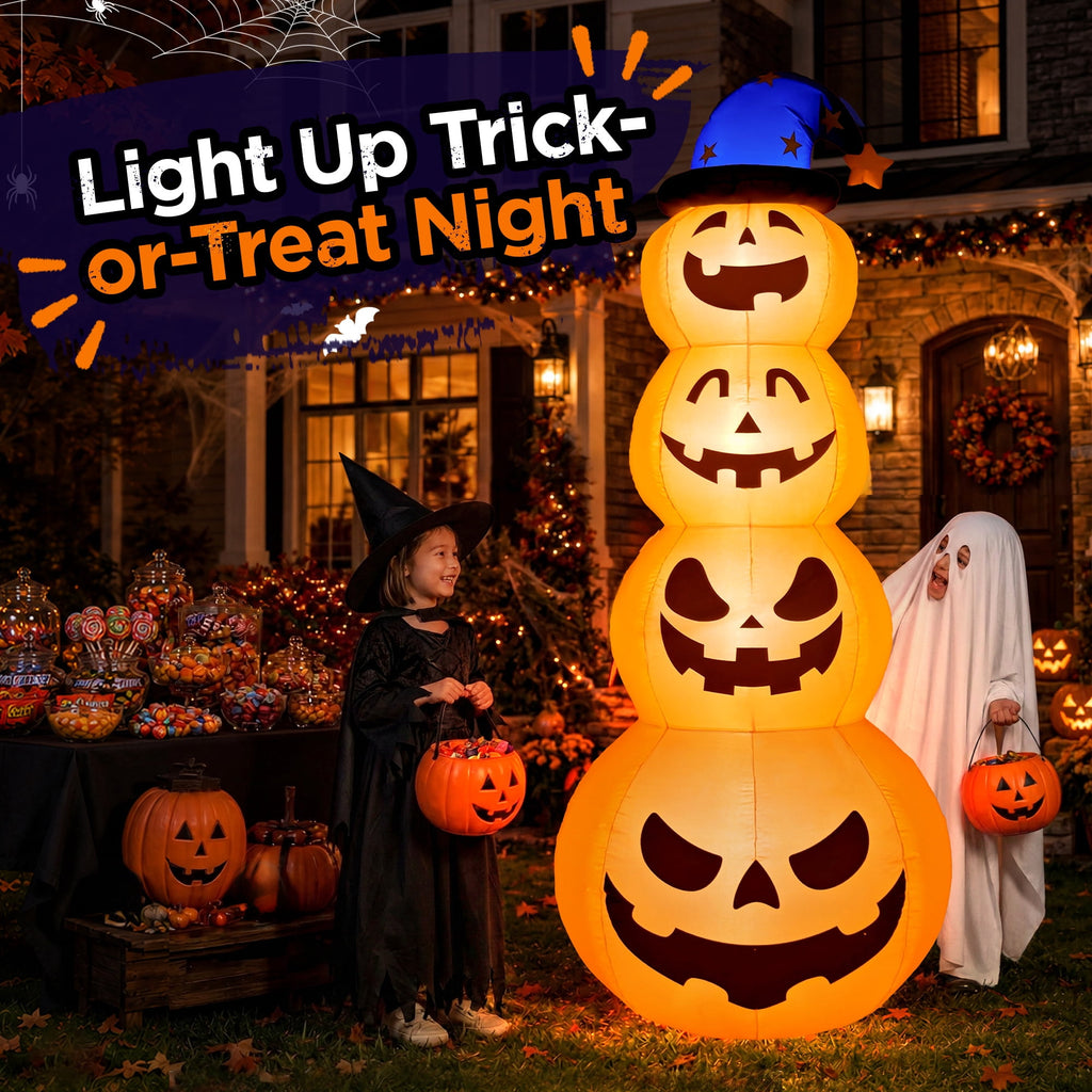 Haunt & Co 8ft Halloween Inflatable, Stacked Pumpkins with Witch Hat and Built-in LED Lights, Outdoor