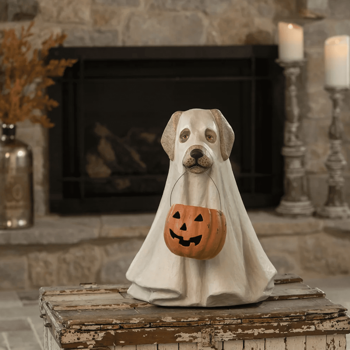 Haunt & Co Bethany Lowe 19.5" Large Ghost Dog Candy Bowl Paper Mache Statue