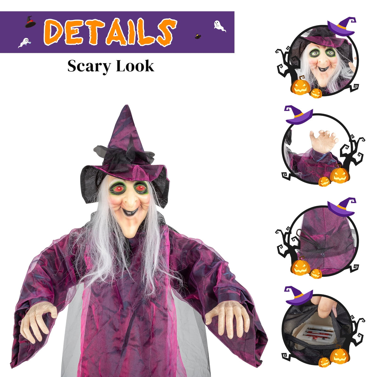 Haunt & Co Halloween Witch Hanging Animated Screaming Witch w/ Pre-Recorded Sound, LED Eyes