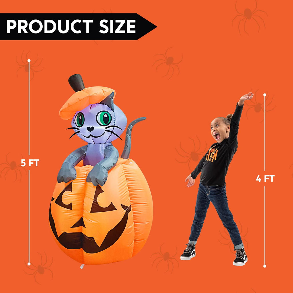 Haunt & Co 5 ft Halloween Inflatable Animated Cat on Pumpkin,Halloween Outdoor Decoration with LED Lights,Blow Up Decoration
