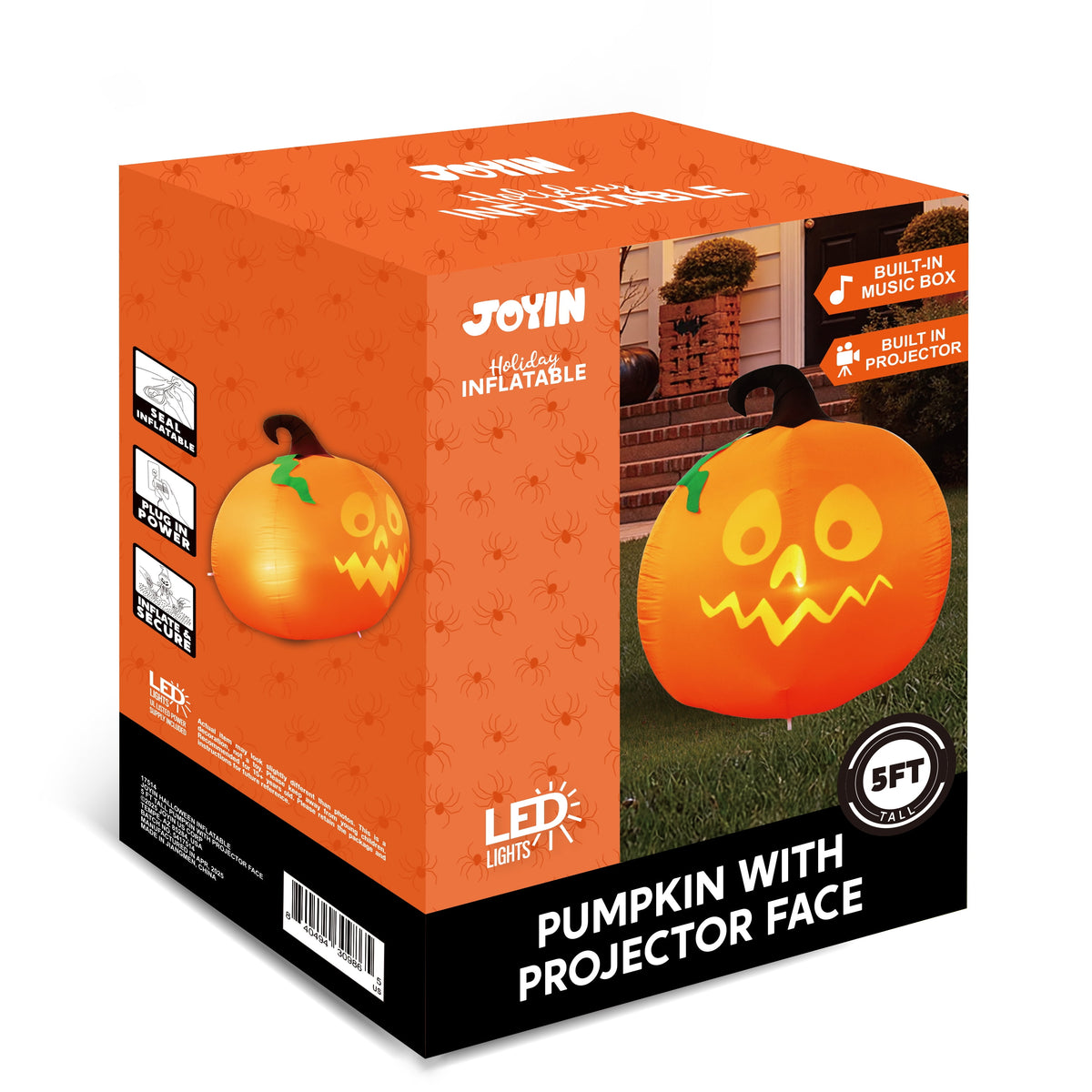 Haunt & Co 5 Ft Tall Halloween Inflatable Pumpkin,Blow Up Pumpkin with Projector Face and Music Lights,Outdoor Decorations