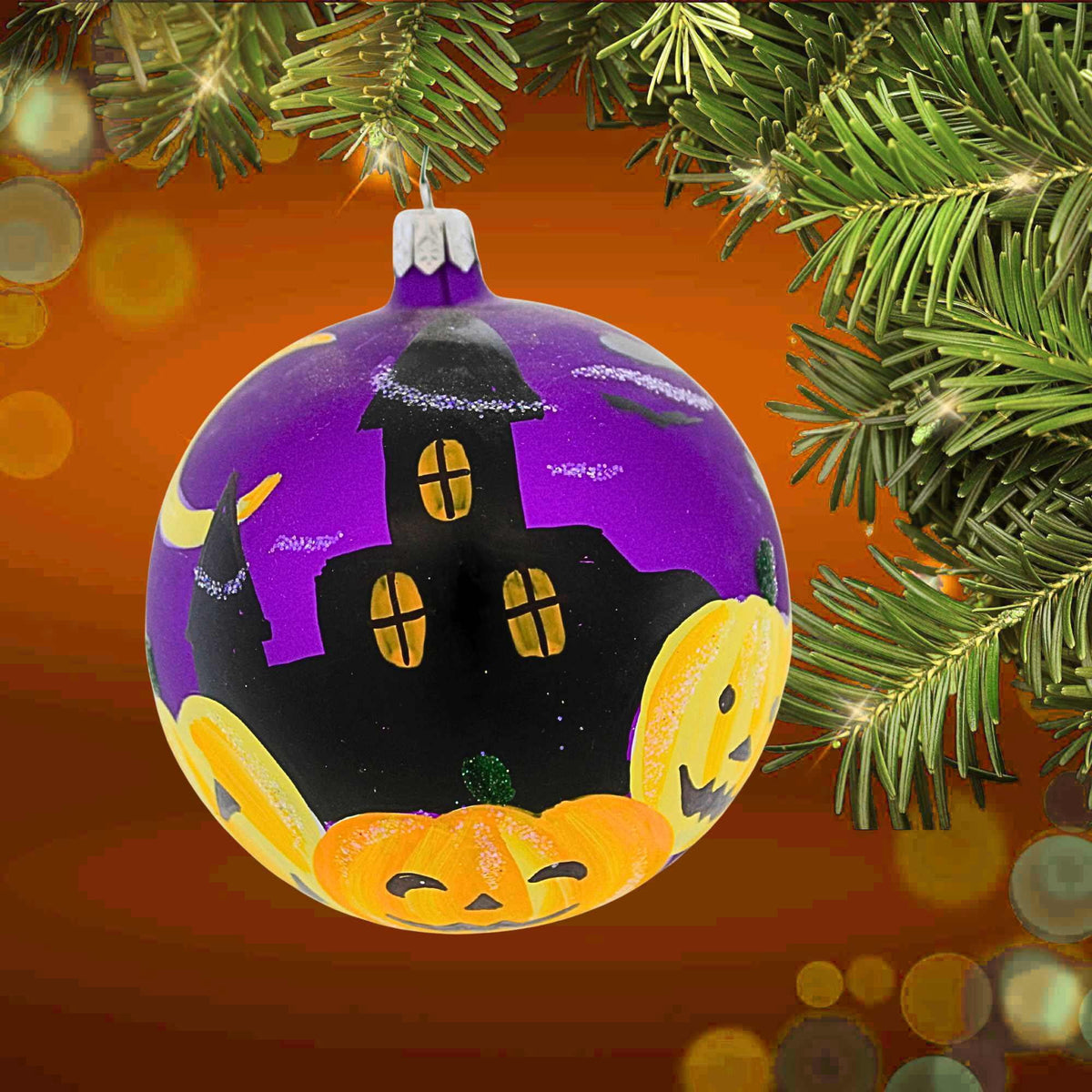 Haunt & Co Laved Italian Ornaments 3.50In Haunted House Ball, Glass, Pumpkins Halloween Moon 936327