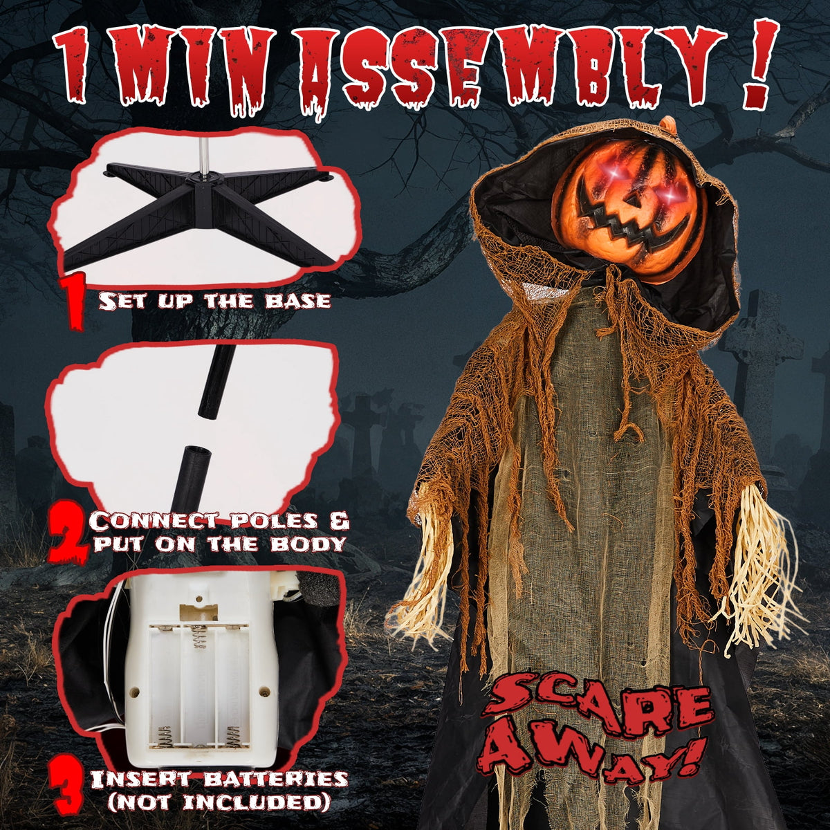 Haunt & Co 6ft Pumpkin Man Animated Animatronic Decoration Creepy Halloween w/ Classic Cape Creepy Cloaked Jack-o'-Lantern