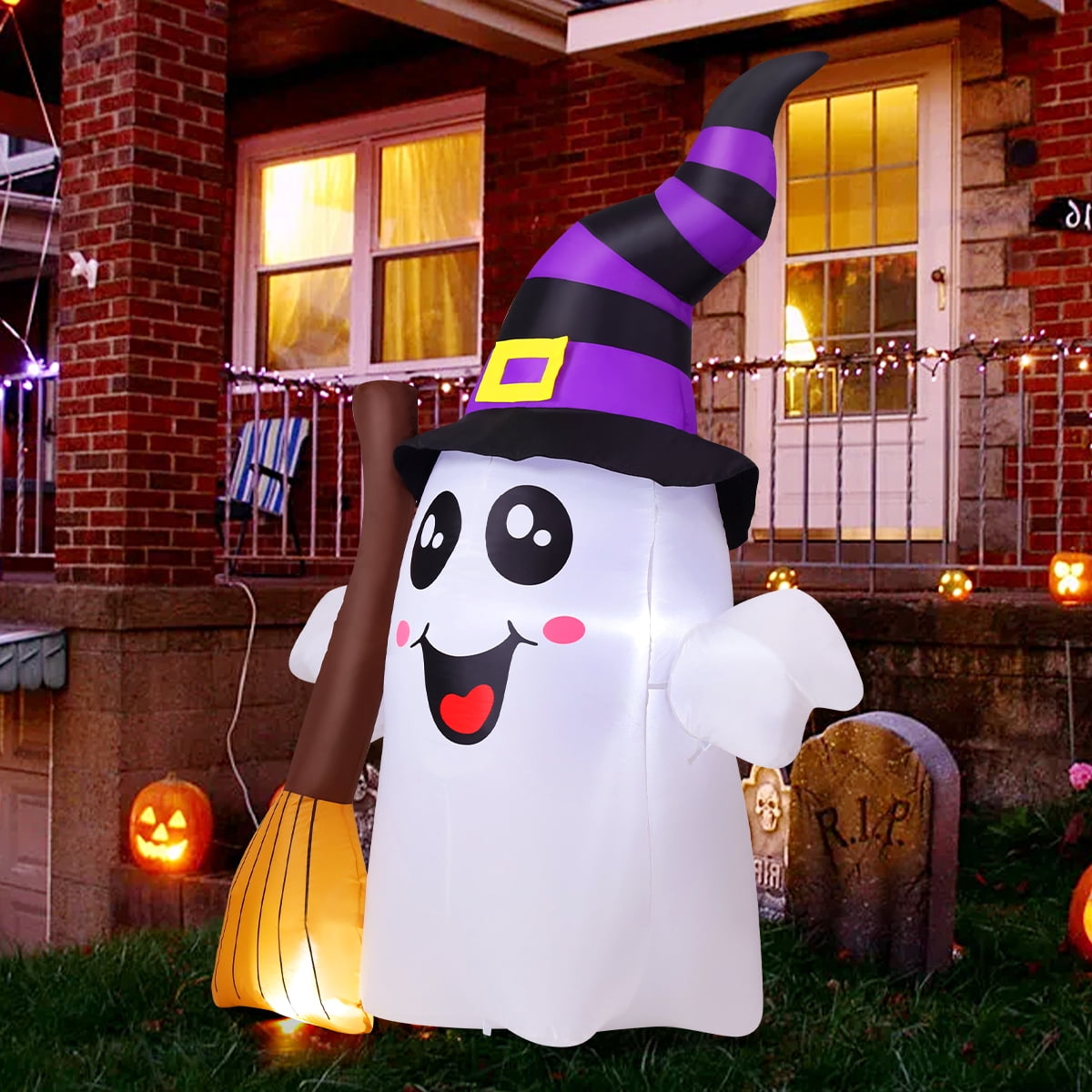 Haunt & Co Halloween Inflatables 6 FT Halloween Ghost Inflatable Grasping Broom with LED Lights, Blow up Ghost Cute Inflatable Ghost, Outdoor for Holiday Party Indoor Outdoor