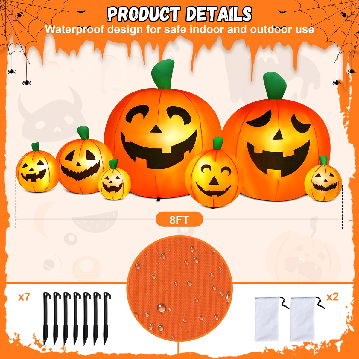 Haunt & Co 8 FT Halloween Inflatables Pumpkin,7 Pumpkins Halloween Outdoor Decoration with Built-in LED Lights,Halloween Blow Ups