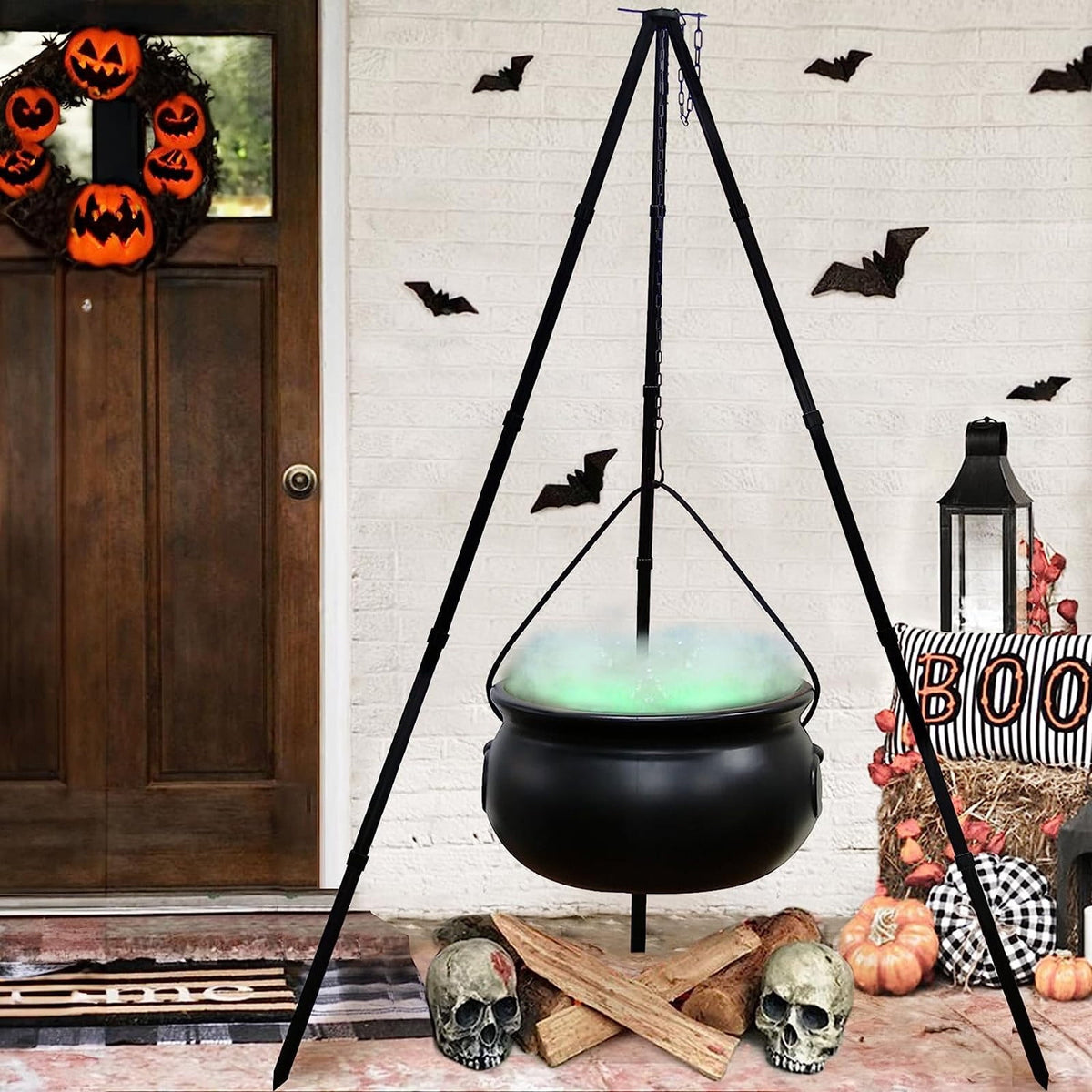 Haunt & Co SDJMa Outdoor, 7.8" Witch Cauldron on 30.7" Tripod with Timer String Lights, Halloween Haunted House Decor