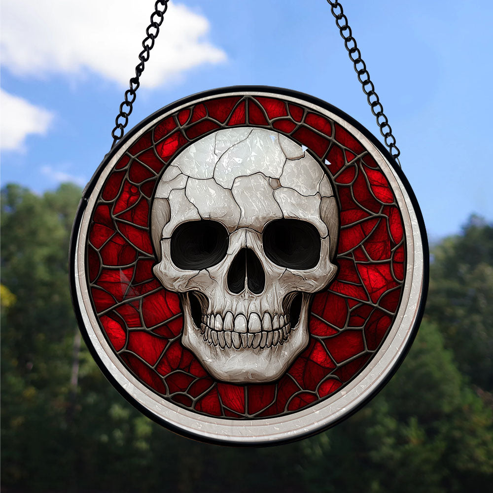 Haunt & Co Small Business Christmas Gift - Halloween White Skeleton Skull Spooky Reds Stained Glass Hanging Ornament - Merry Christmas Tree Decor, Thoughtful Holiday Gift for Mom, Dad, Friends, Family
