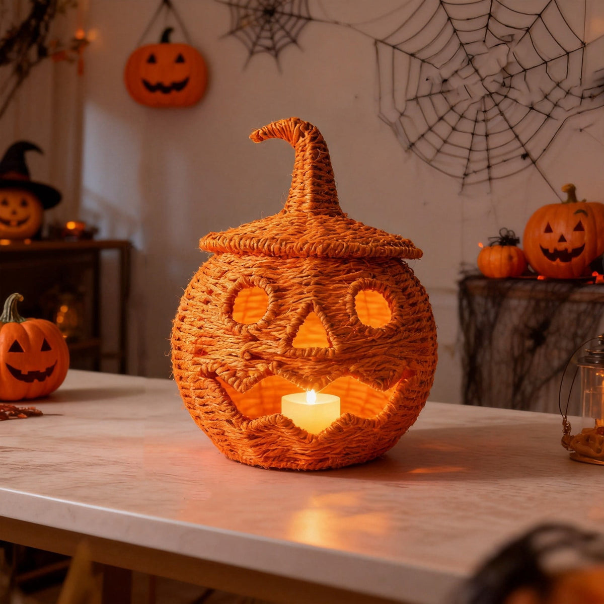 Haunt & Co Hand Woven Jack O Lantern Pumpkin Desktop Ornament Spooky Hollow Pumpkin Figurine For Shelf Mantel Tabletop Halloween Gothic Fall Home Decor(Style A-Orange)