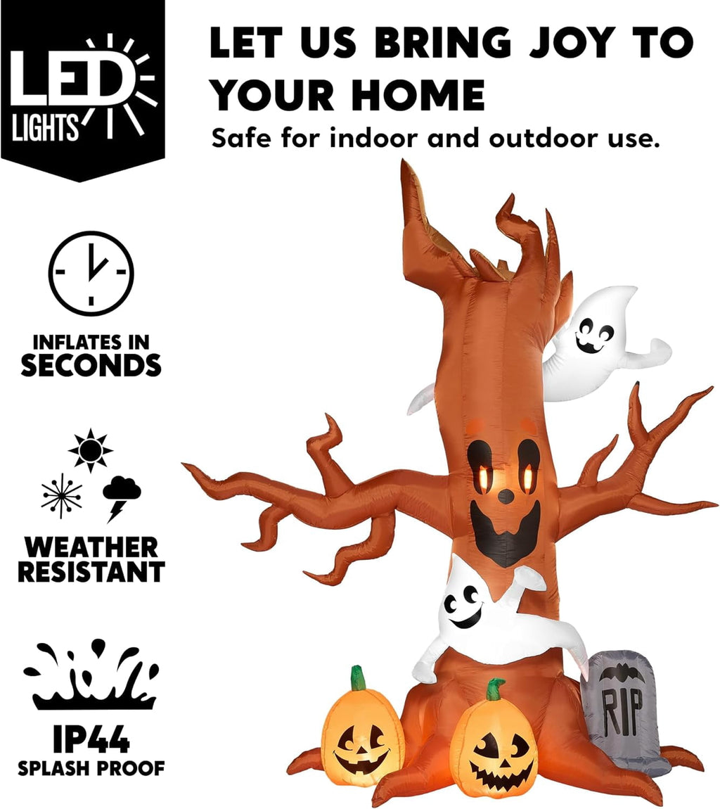 Haunt & Co 8 FT Halloween Inflatables Spooky Tree with Ghost,Pumpkin & Tombstone Tree Blow Up Decor with Built-in LED Lights