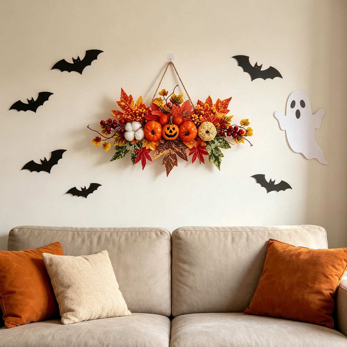 Haunt & Co Gaecuw Halloween Hanging Ornament, Maple Leaf Pumpkin Wall Decor with Rope for Front Door Fall Display