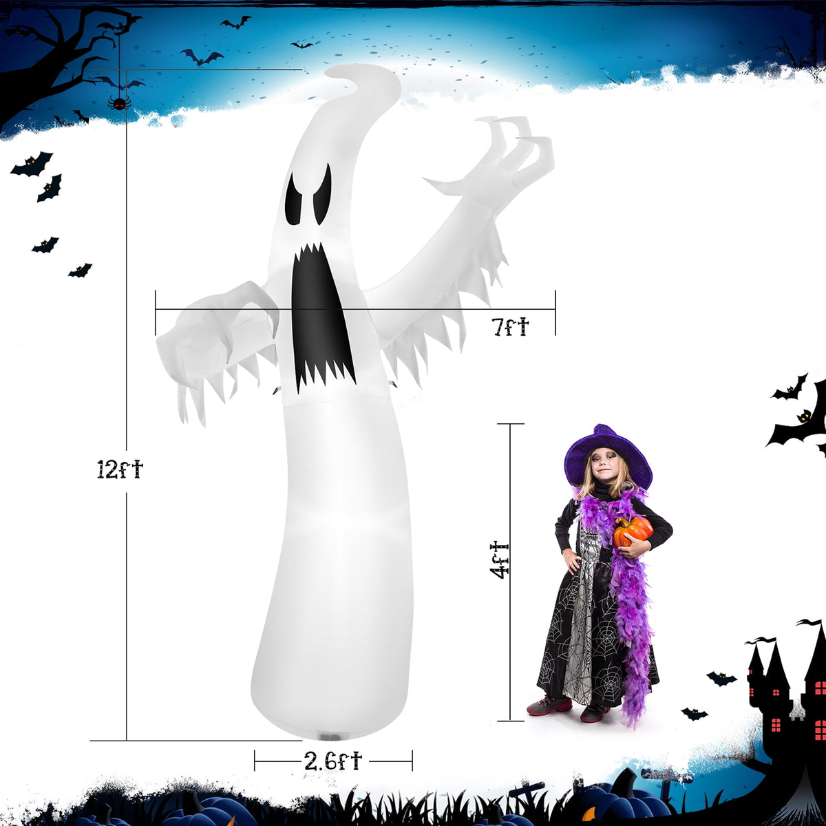 Haunt & Co Costway 12ft Halloween Inflatable Ghost Quick Blow up w/LED Lights Outdoor Yard Scary Decoration