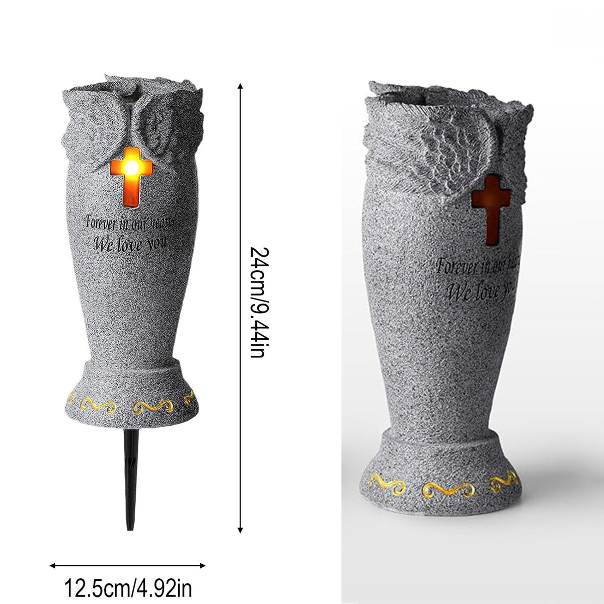 Haunt & Co Fridja Cemetery Grave Flower Vase with Cross Solar Light Cemetery Decorations for Grave, Angel Vases with Spikes Grave Markers Decor for Cemetery for Humans or Pet, Garden Memorial Gifts for Loved One
