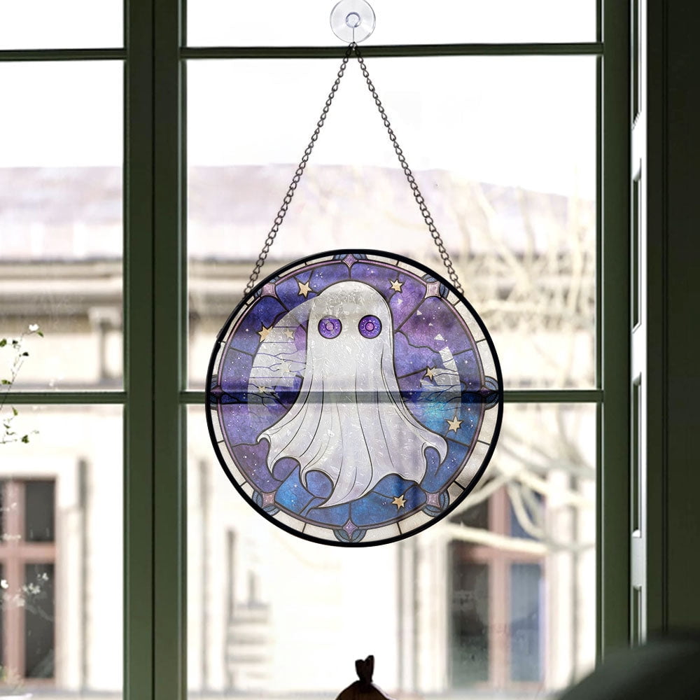 Haunt & Co Vintage Style Christmas Gift - Halloween White Cute Ghosts Spooky Oranges Stained Glass Hanging Ornament - Snow-Dusted Pines Christmas Tree Decor, Gift for Family & Friends, Keepsake 2025