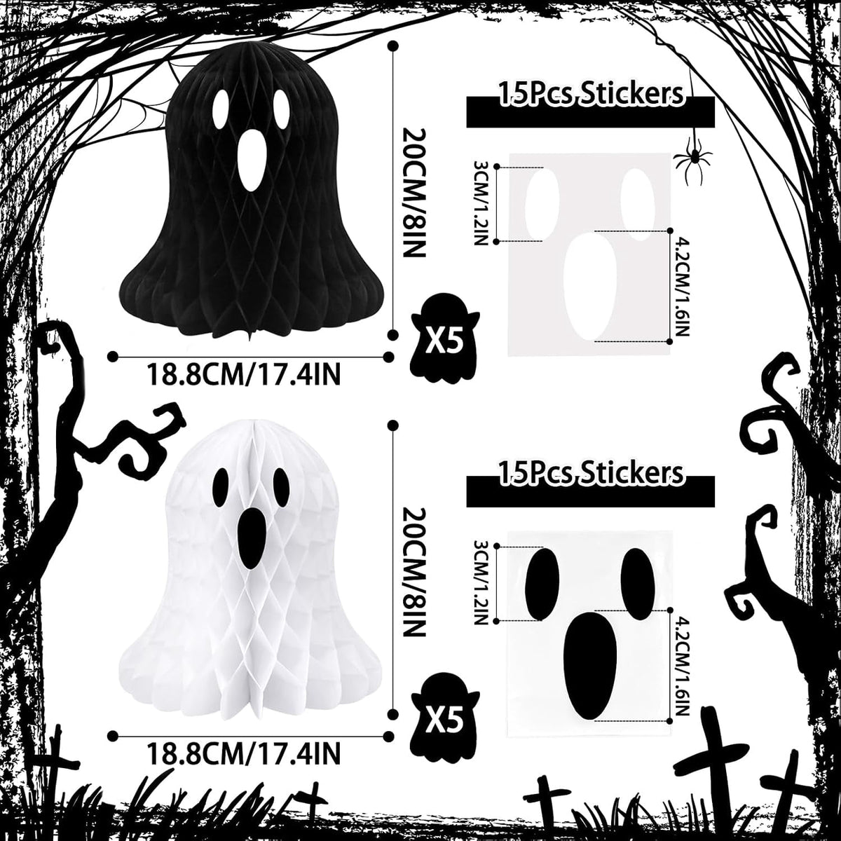 Haunt & Co 10 PCS Halloween Ornaments Hanging Cute White Black Ghost Honeycomb Decoration Halloween Tree Decorations Paper Ghost Table Decor for Home Office Classroom Holiday Party Supplies