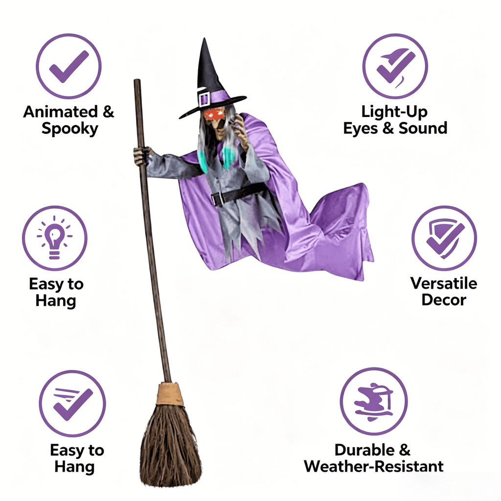 Haunt & Co Witch Decorations Halloween 6 FT Scary Flying Witch Decorations Animatronics Halloween Props with Scary Sounds and Lights Decorations for Outside Indoor Garden Yard