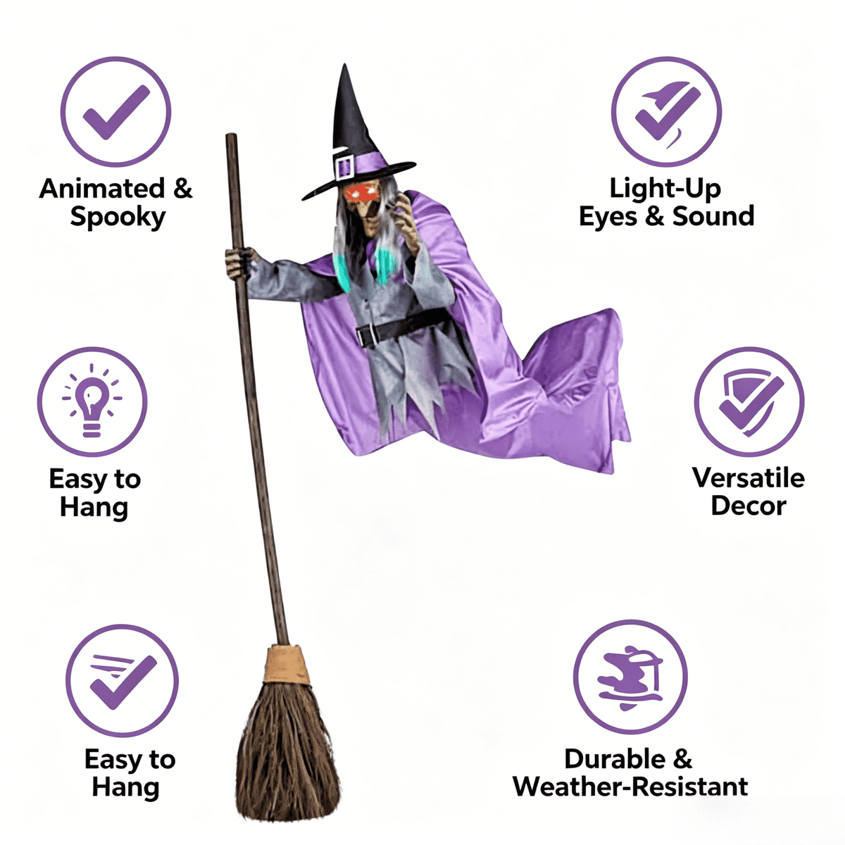 Haunt & Co Witch Decorations Halloween 6 FT Scary Flying Witch Decorations Animatronics Halloween Props with Scary Sounds and Lights Decorations for Outside Indoor Garden Yard