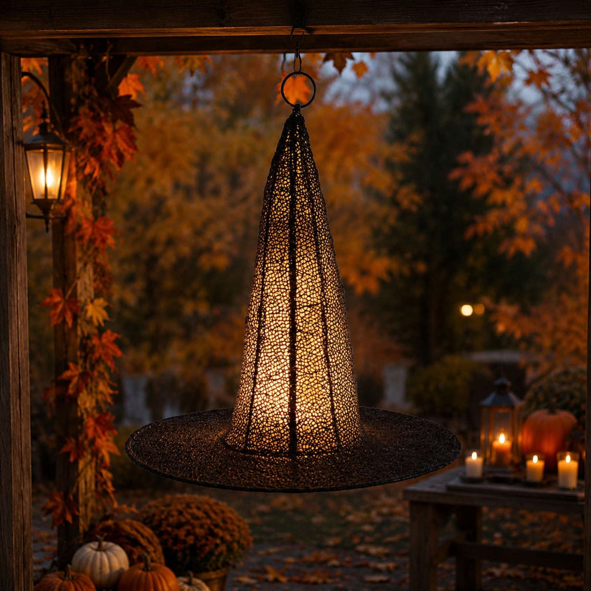 Haunt & Co Halloween Witch Hat Light Hanging Decoration, LED Glowing Party Ornament Battery Operated Easy Hanging Spooky Reusable for Front Door Window Fireplace Porch Hauntedy Houses Halloween Party Decor