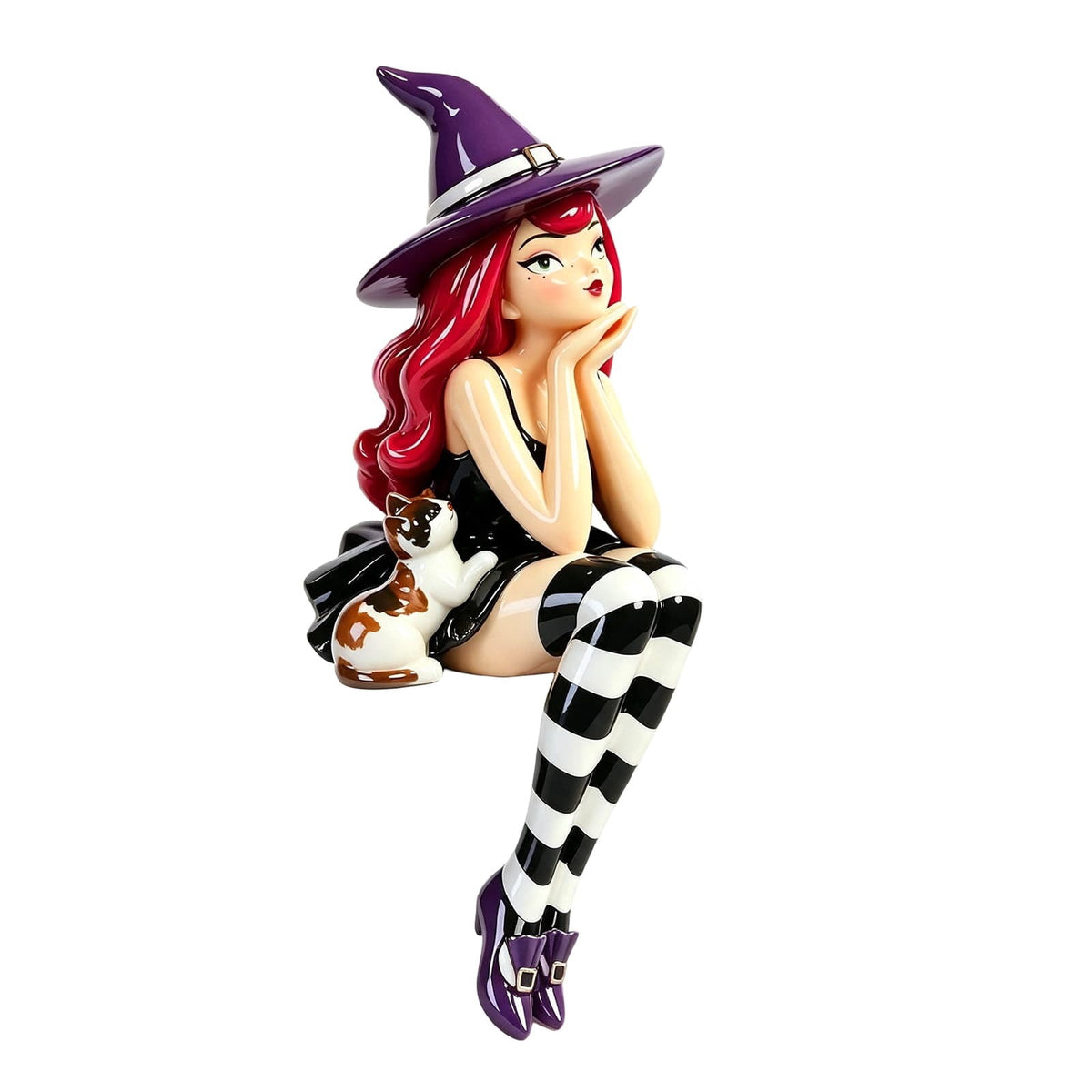 Haunt & Co Halloween Witch Shelf Sitter Figurine Set,3 Pc Gothic Witch Girl Statue With Cat Companion,Witchy Home Decor,Cute Spooky Edge Sitting Witch Decor,Whimsical Tabletop Ornament For Mantel Shelf Office