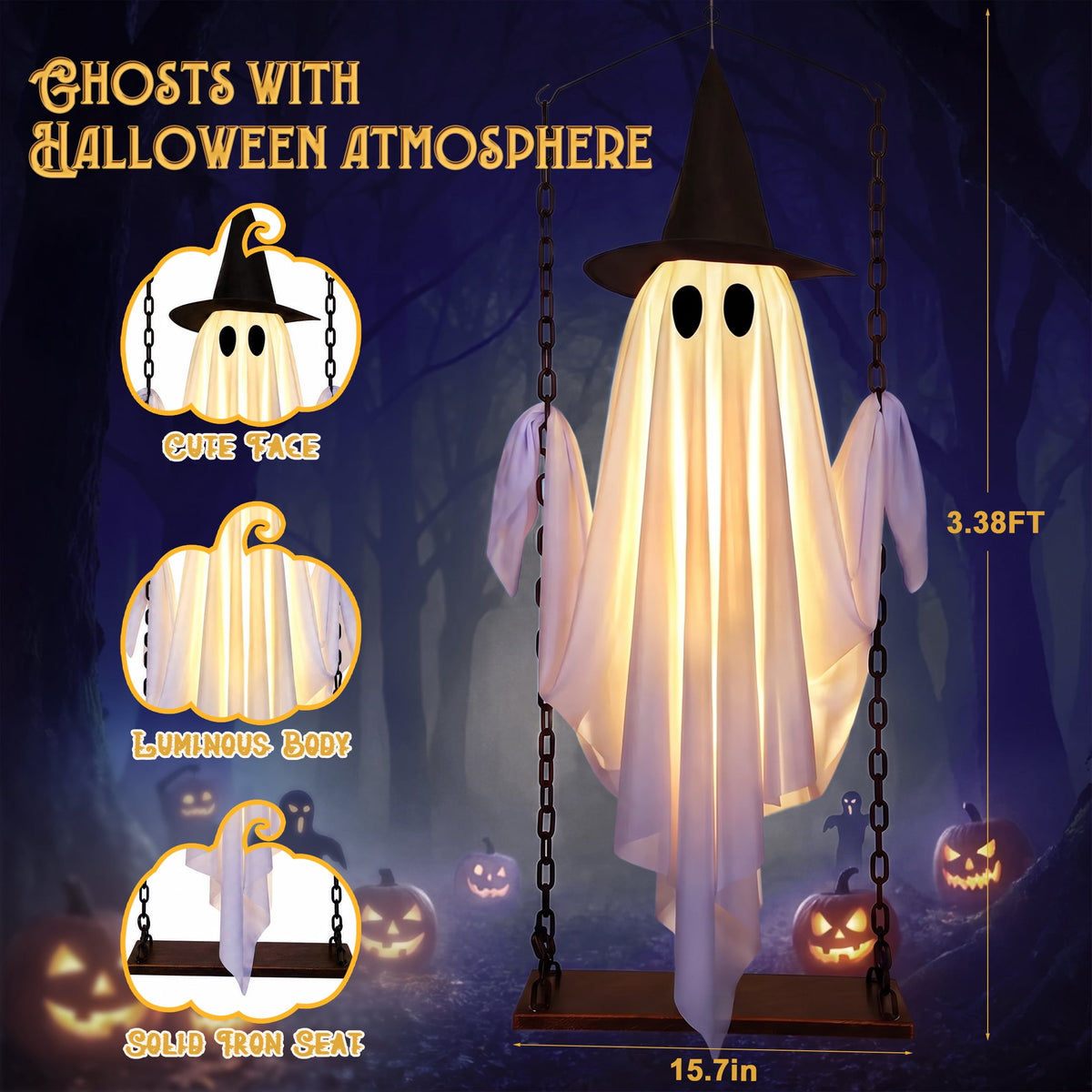 Haunt & Co Outdoor, Hanging Swing Ghosts with Lights Halloween Spooky Cute Ghosts Decor for Outside Home Front Porch Yard Lawn Tree