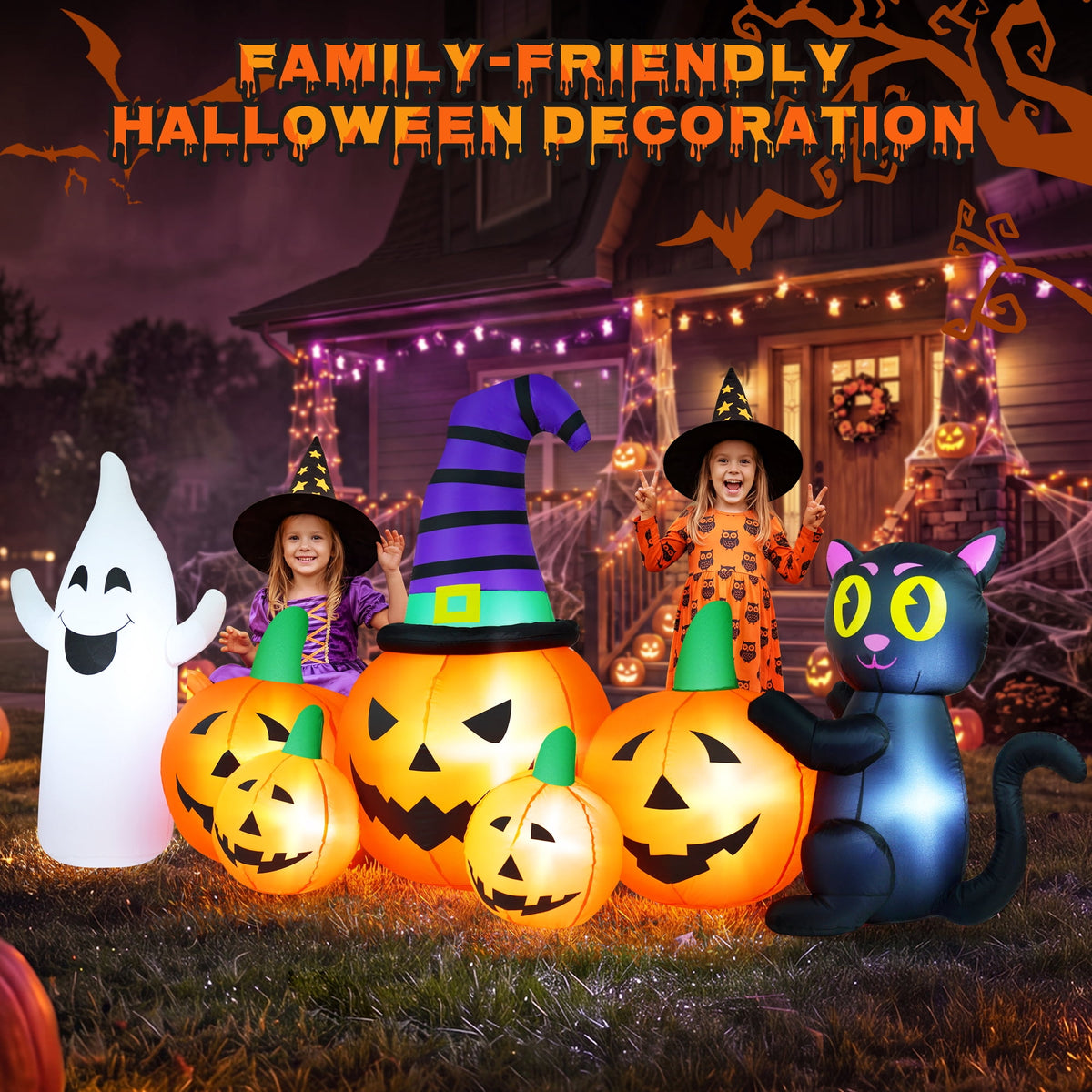 Haunt & Co 8FT Long Halloween Inflatable Pumpkin with Ghost and Black Cat,Outdoor with LED Lights
