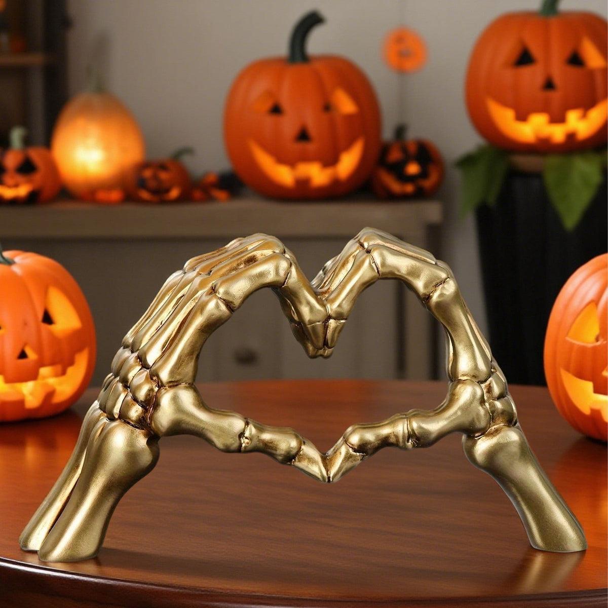 Haunt & Co Halloween Resin Abstract Skeleton Statue Love Ornaments Heart Shape Finger Gesture Figurines Halloween Home Desktop Decoration for Shelf Display Coffee Table Centerpiece Wedding Decor