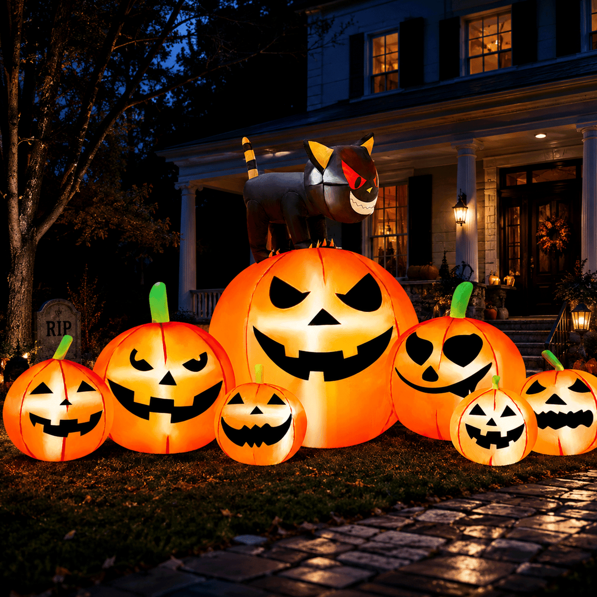 Haunt & Co 8.1FT Halloween Inflatable Pumpkin Stack, 7 Glitter Pumpkins with Black Cat and LED Lights, Outdoor Yard & Garden Decor