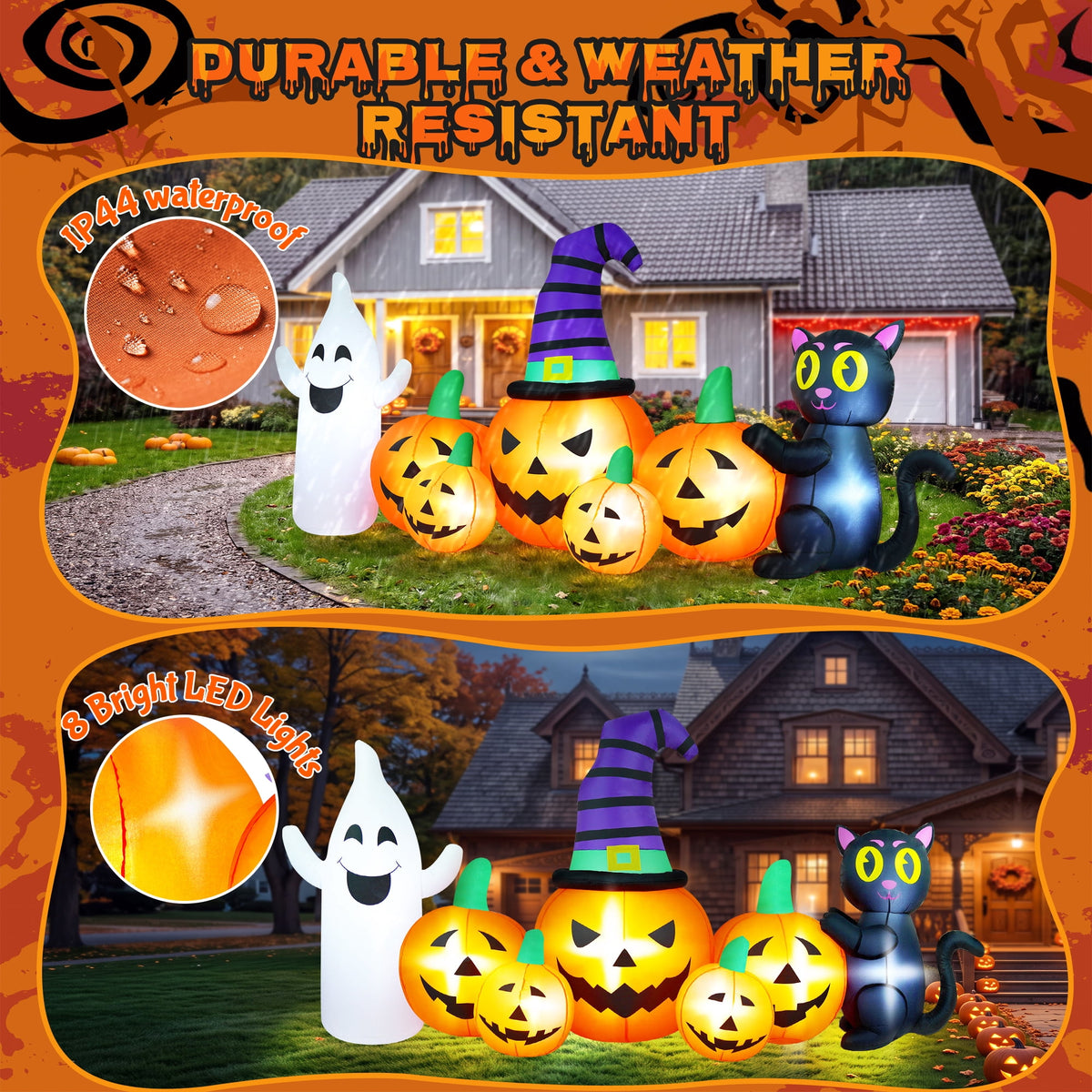 Haunt & Co 8FT Long Halloween Inflatable Pumpkin with Ghost and Black Cat,Outdoor with LED Lights