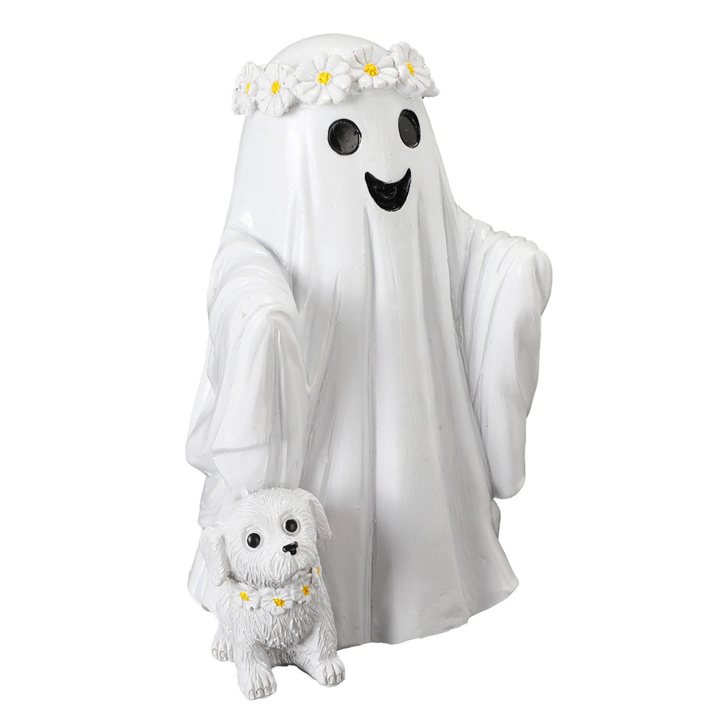 Haunt & Co Hand Painted White Ghost Walking Dog Statue Weatherproof Halloween Ornament for Farmhouse Porch Indoor Shelf Seasonal Decor(Whiteï¼?