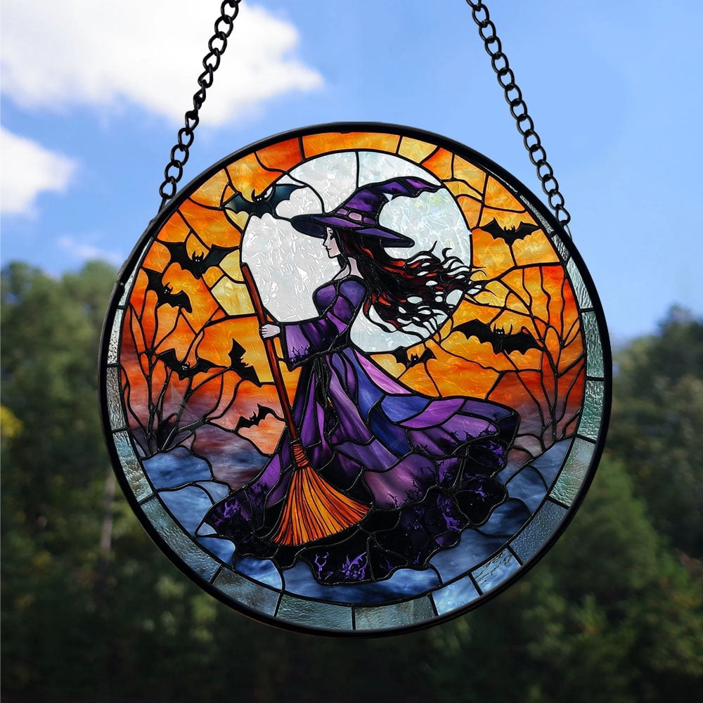 Haunt & Co Holiday Gift - Witch Halloween Witchyations Spooky Xmas Stained Glass Hanging Ornament - Festive Holiday Tree Decoration, Meaningful Christmas Gift for Mom, Dad, Family, Friends