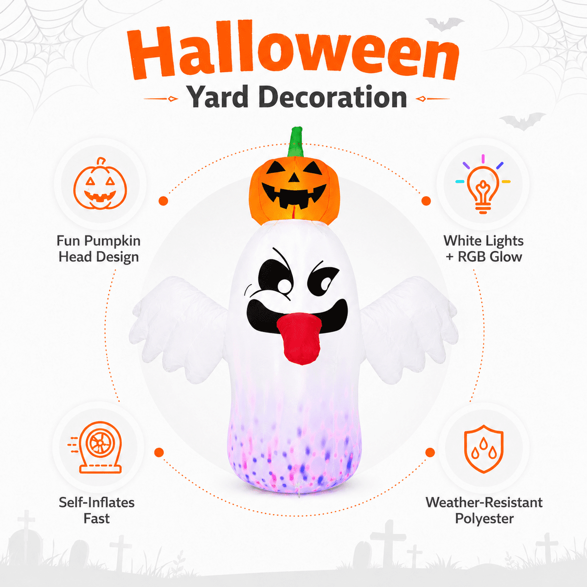 Haunt & Co 6FT Halloween Inflatable Ghost with Pumpkin Head, Light-Up Blow Up Outdoor Yard Decoration with White and RGB LED Lights