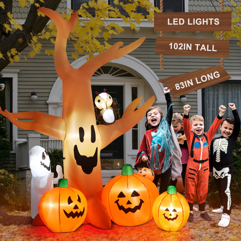 Haunt & Co 8FT Halloween Inflatables Dead Tree,Outdoor with Built-in LED Lights,Halloween Blow Up Yard Decorations with Pumpkin,Ghost,and Owl