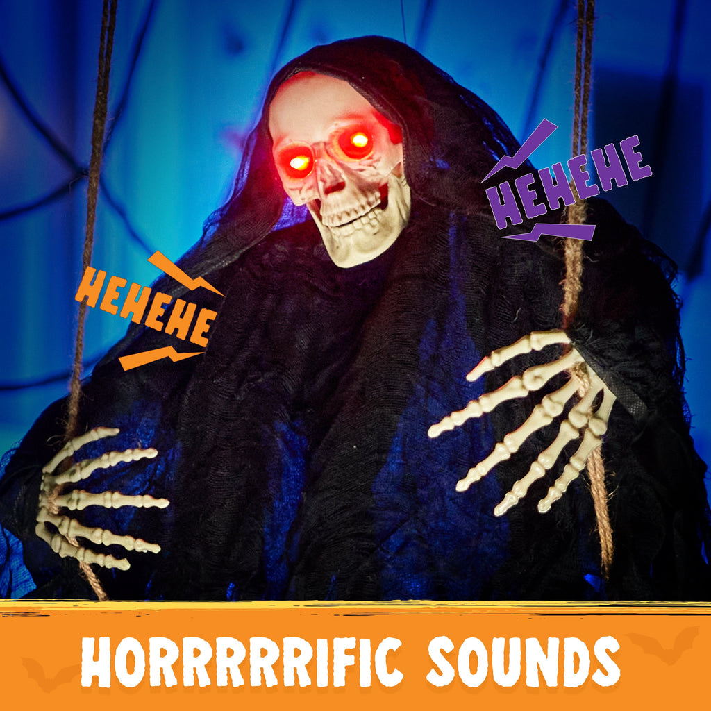 Haunt & Co 3 FT Halloween Hanging Swinging Skeleton,Light Up Creepy Grim Reaper with Black Hood Decorations for Halloween Hanging Decorations Indoor Outdoor Yard Home Decorations