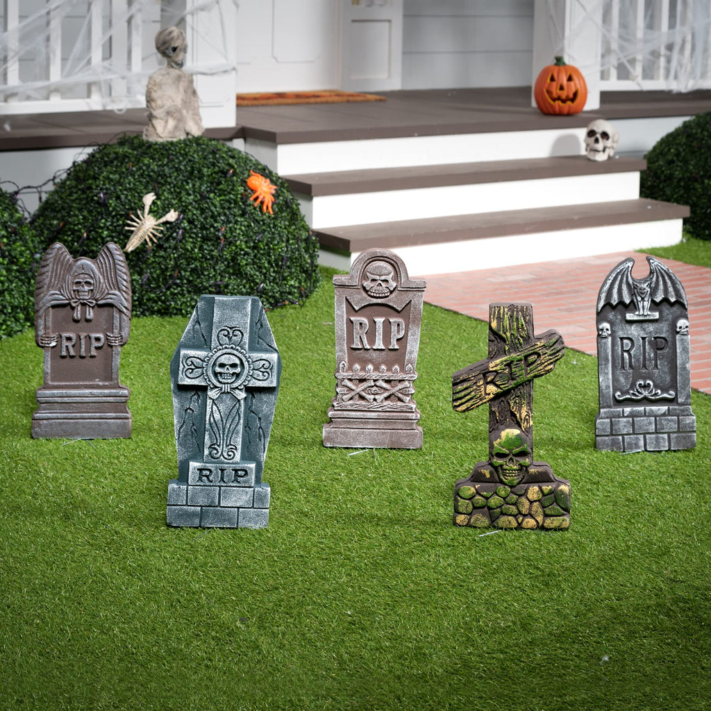Haunt & Co 17" Halloween 5 Pack Tombstone Decorations, Foam RIP Graveyard Signs Cemetery Headstones Scary Outdoor Indoor with 12 Metal Stakes for Easy Set Up, Waterproof