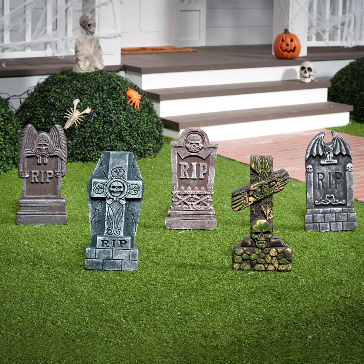 Haunt & Co 17" Halloween 5 Pack Tombstone Decorations, Foam RIP Graveyard Signs Cemetery Headstones Scary Outdoor Indoor with 12 Metal Stakes for Easy Set Up, Waterproof
