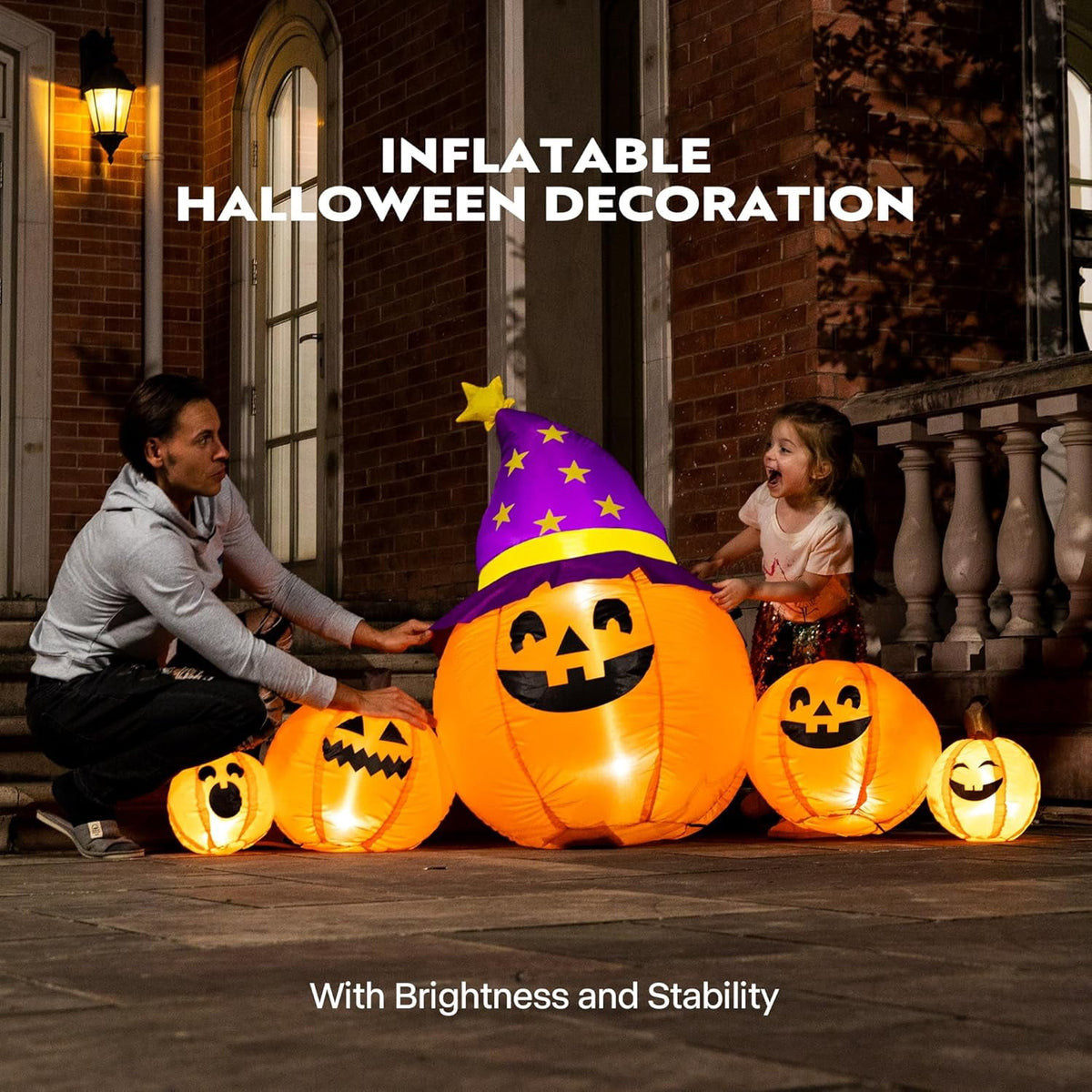 Haunt & Co SPECSTAR 6ft Long Halloween Inflatable LED Lighted Pumpkin Family Blow up Outdoor Lawn Yard Decoration