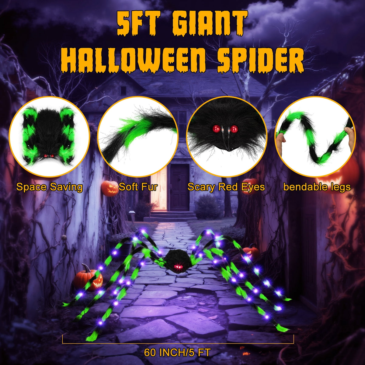 Haunt & Co Outdoor, 5Ft Giant Spider Light Up Spider, 2 Pack Scary Large Halloween Spider Decor for Home Party Favor Yard Decor