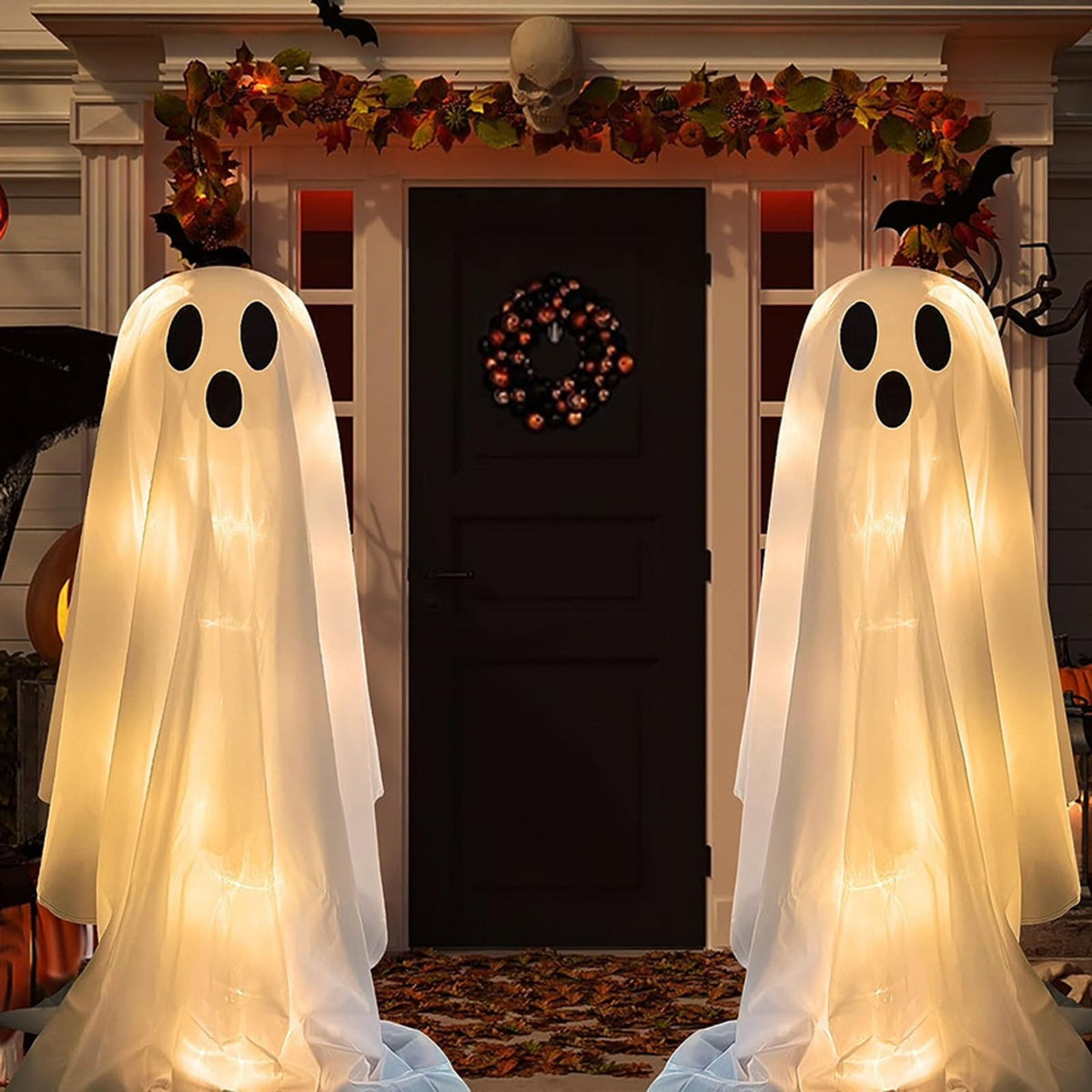 Haunt & Co Halloween Ghost Decorations 8ft Tall Glowing White Fabric Ghost with Light Stand