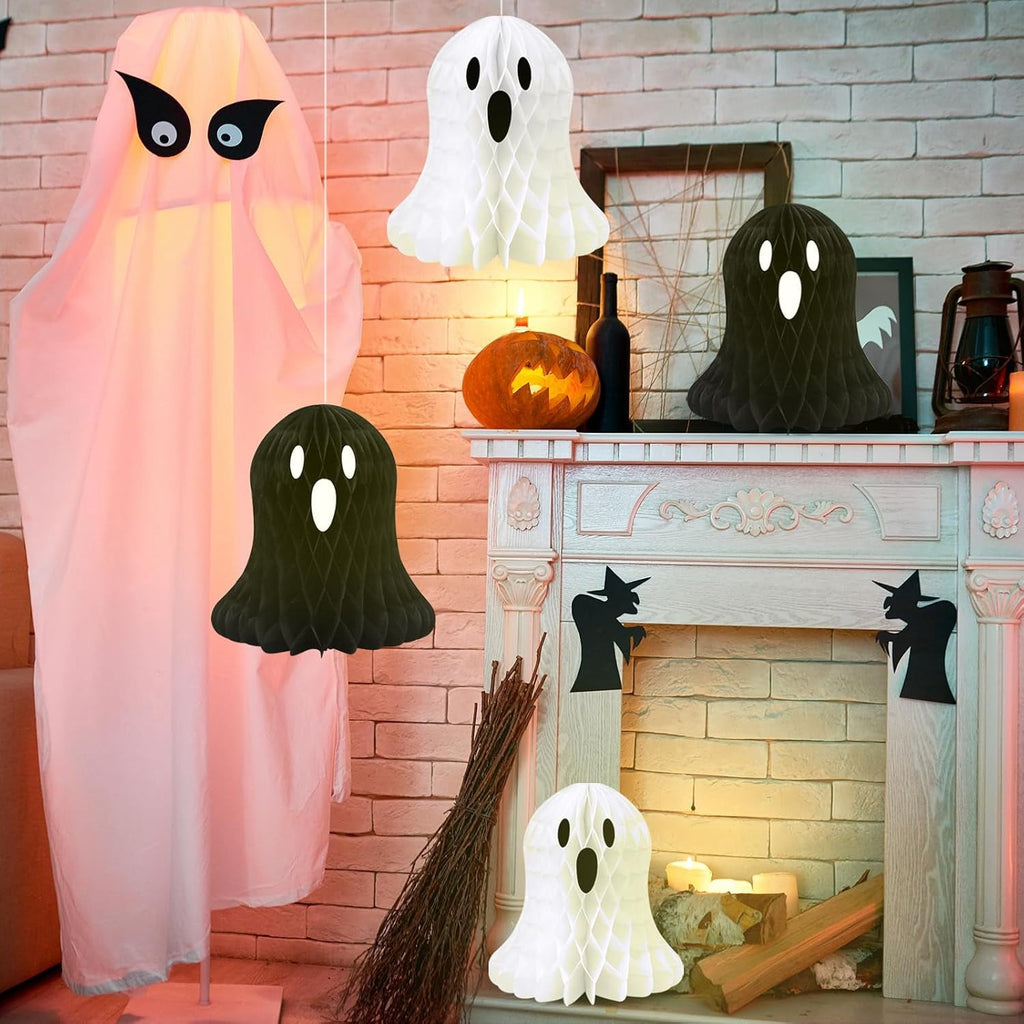 Haunt & Co 10 PCS Halloween Ornaments Hanging Cute White Black Ghost Honeycomb Decoration Halloween Tree Decorations Paper Ghost Table Decor for Home Office Classroom Holiday Party Supplies