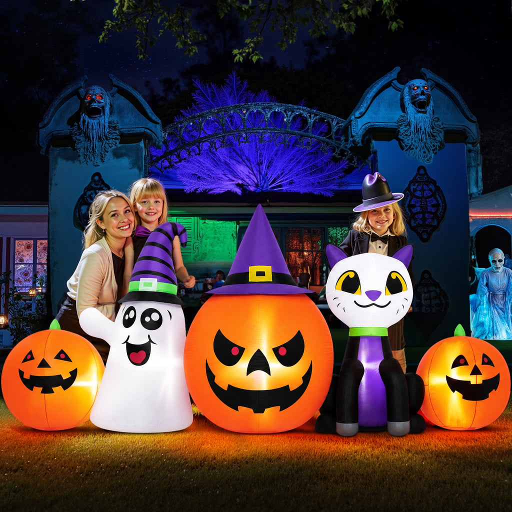 Haunt & Co (2 pack) 8FT Halloween Inflatable Pumpkins Ghost Cat with Lights,Blow ups Outdoor Decorations