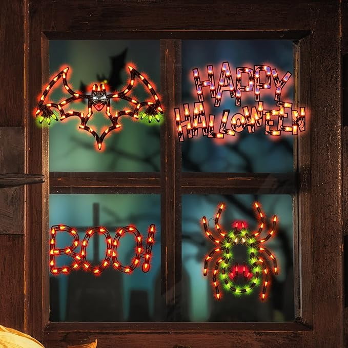Haunt & Co 4-Pack Halloween Lighted Window Silhouette Lights, LED Hanging Ornaments with Cobweb, Pumpkin, Cat and Skull Designs