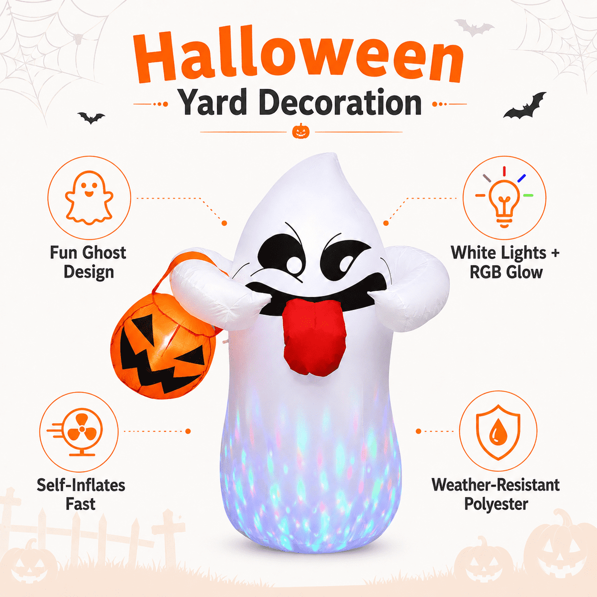 Haunt & Co 5FT Halloween Inflatable Ghost Holding Pumpkin Lantern, Light-Up Blow Up Outdoor Yard Decoration with RGB LED Lights