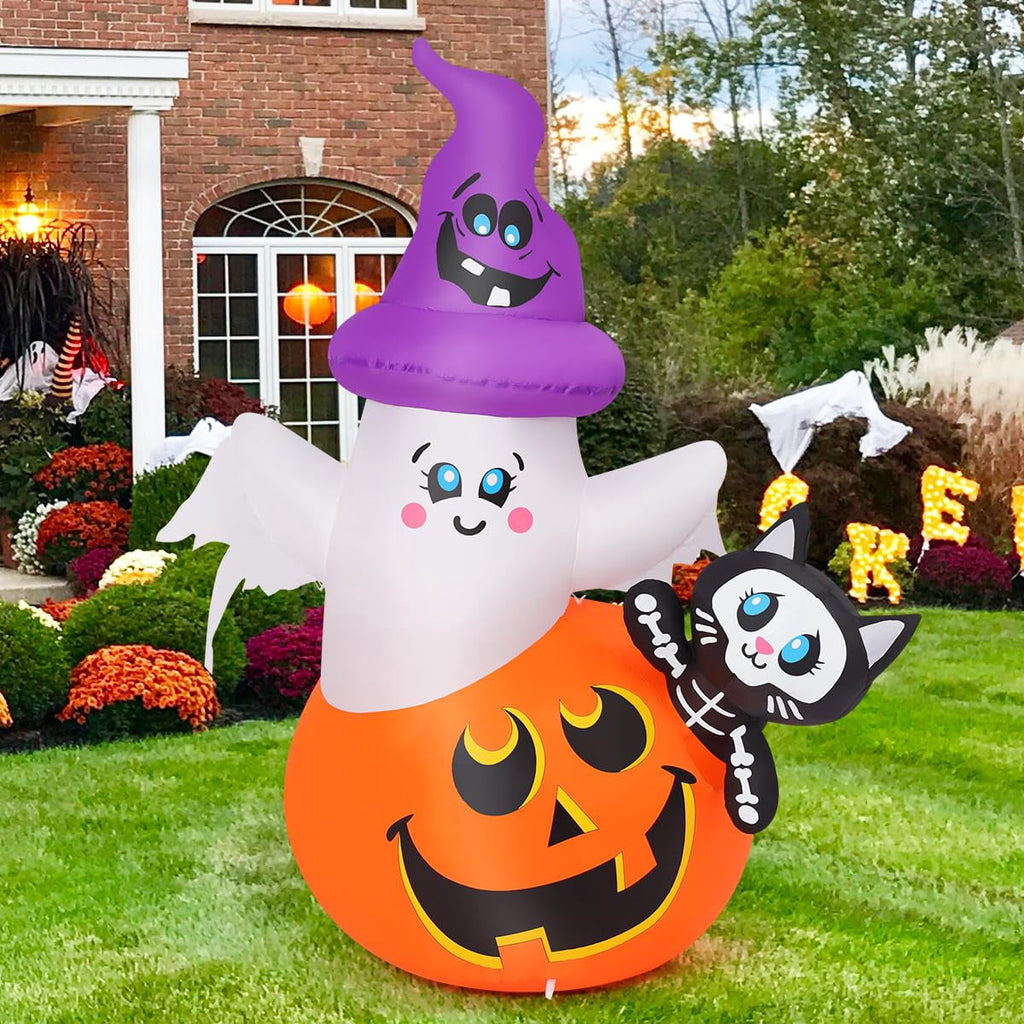Haunt & Co COMIN 5 FT Halloween Inflatables Pumpkin Ghost Cat Outdoor Decorations Blow Up Yard with Built-in LEDs