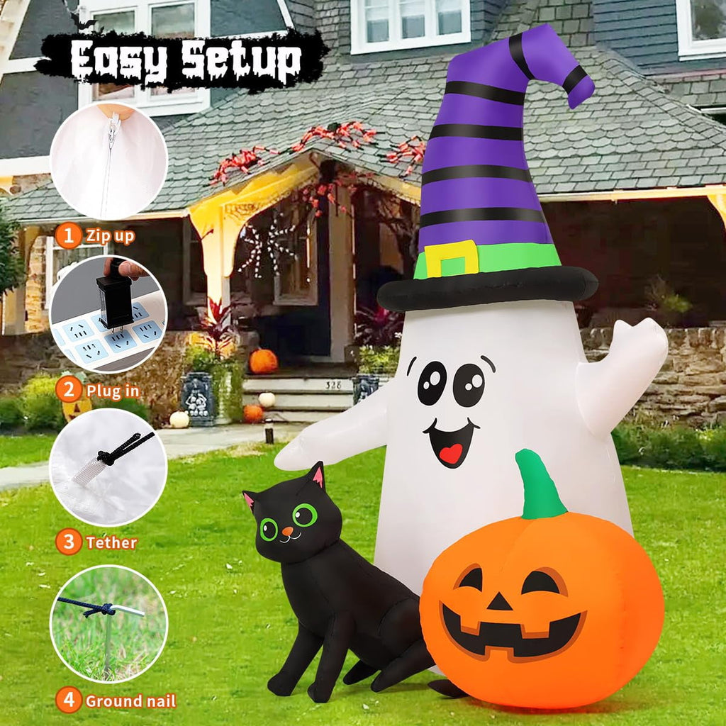 Haunt & Co Halloween Inflatables 5 FT Halloween Ghost Inflatable with LED Lights, Cute Ghost Blow Up with Wizard Hat Pumpkin Black Cat, Outdoor for Halloween Holiday Indoor Outdoor