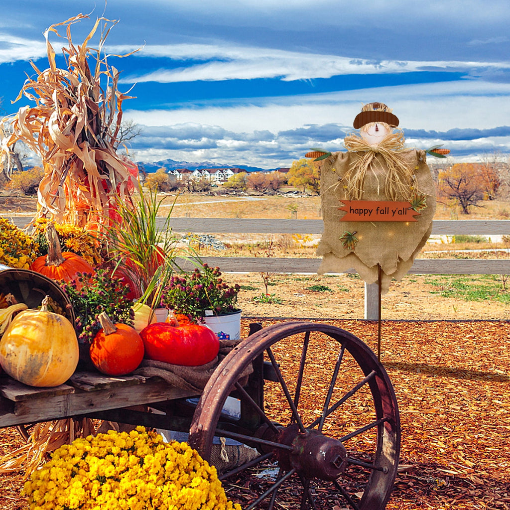 Haunt & Co Fall Scarecrow Yard Stake with LED Lights Happy Fall Ya'll Scarecrow Garden Stake Autumn Harvest Halloween Thanksgiving Outdoor Yard Decorations